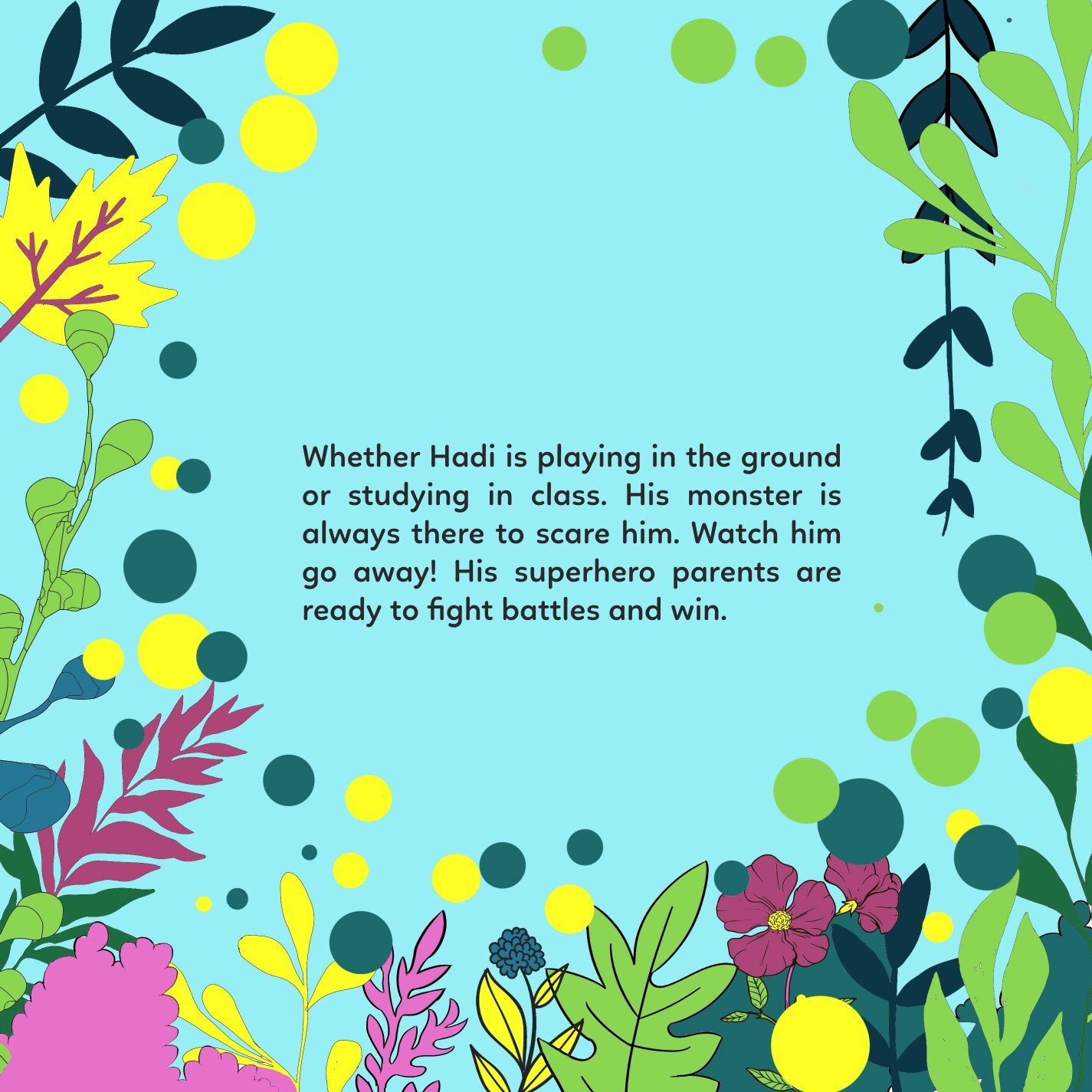Closing page: a note for grown-ups on a bright blue field bordered by leaves and flowers.