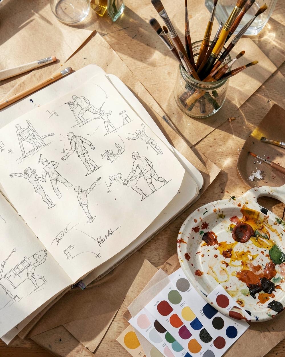 Kainat Waseem's studio table, with an open sketchbook, brushes in a jar and mixed paint on a ceramic palette